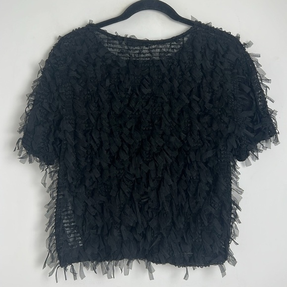 ZARA Women's Black Fringe Textured Short Sleeve Cropped Blouse Top Size L - Picture 6 of 12